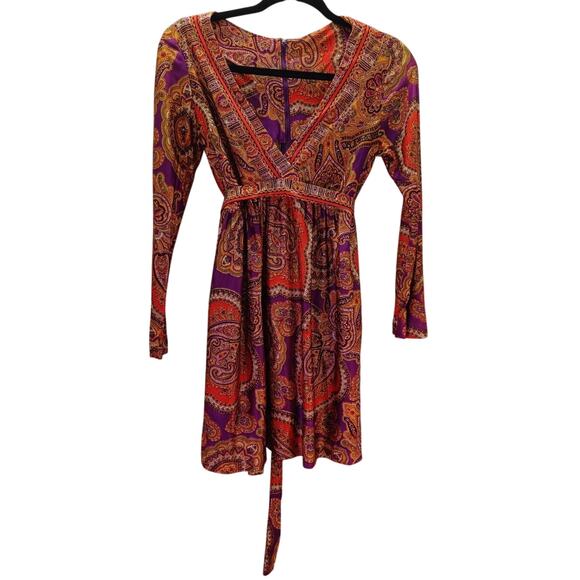 Vtg 60s 70s Saks Fifth Ave Psychedelic Paisley Mini Dress Purple Orange Small - Picture 4 of 8
